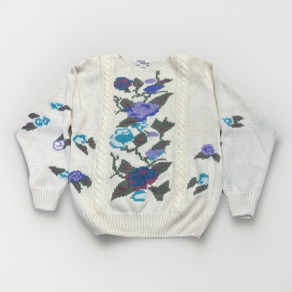Vintage Floral‎ Sweater Womens M White Cotton Knit Retro 80s 90s Grandmacore